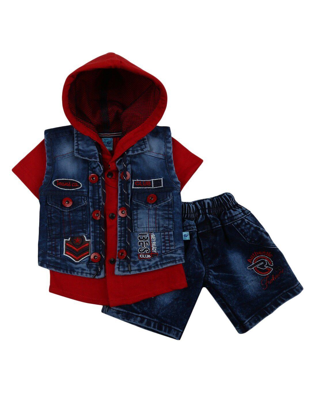 v-mart unisex kids red & navy blue printed shirt with shorts