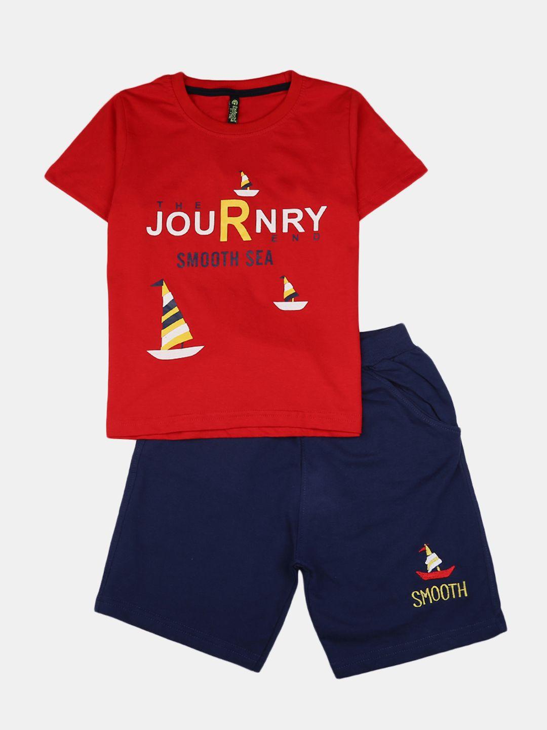 v-mart-unisex-kids-red-and-navy-blue-printed-pure-cotton-t-shirt-with-shorts