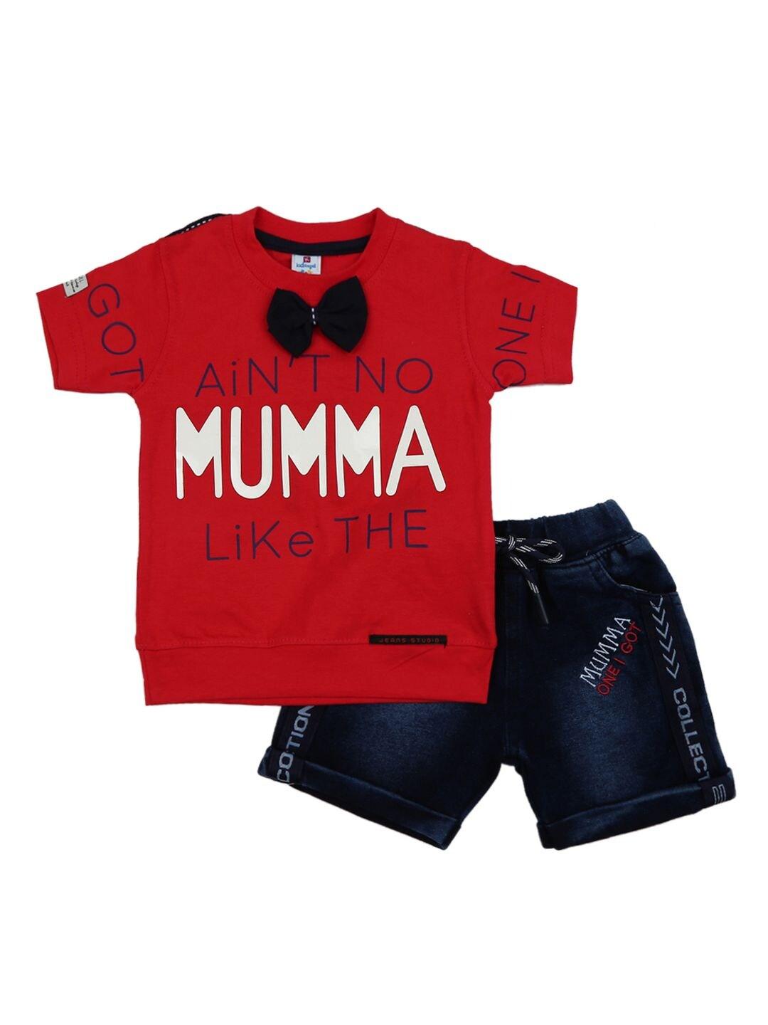 v-mart unisex kids red printed t-shirt and shirt with shorts