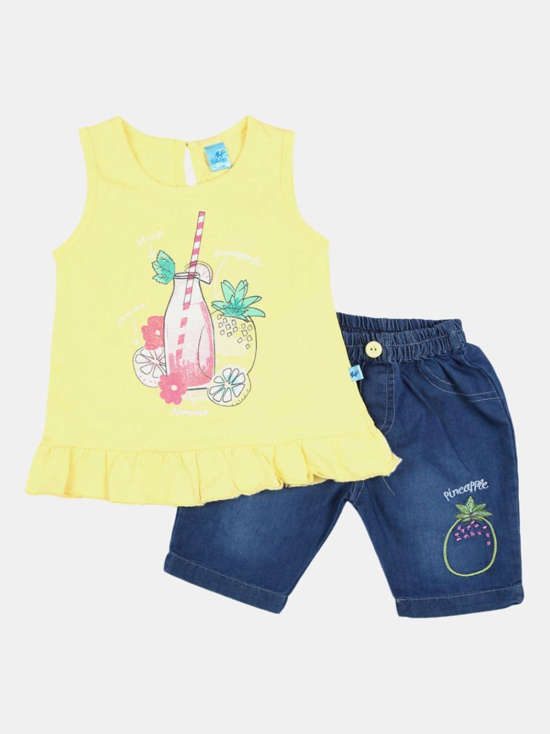 v-mart unisex kids yellow & blue printed top with shorts