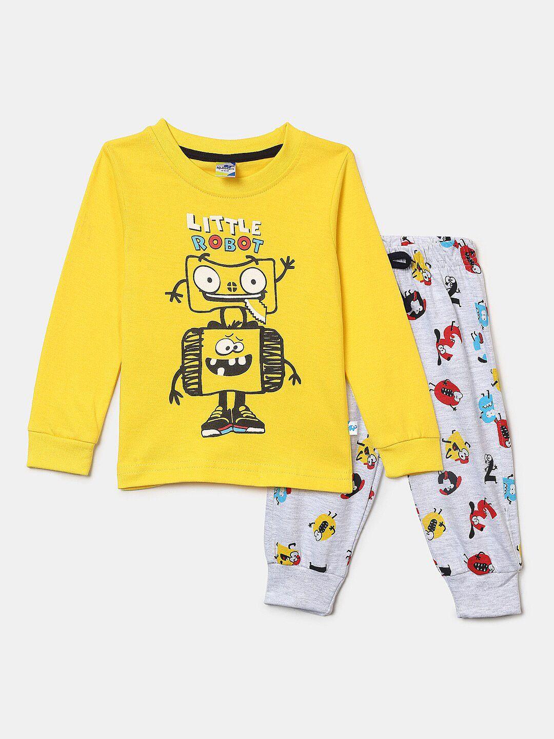 v-mart unisex kids yellow & grey pure cotton printed top with pyjamas