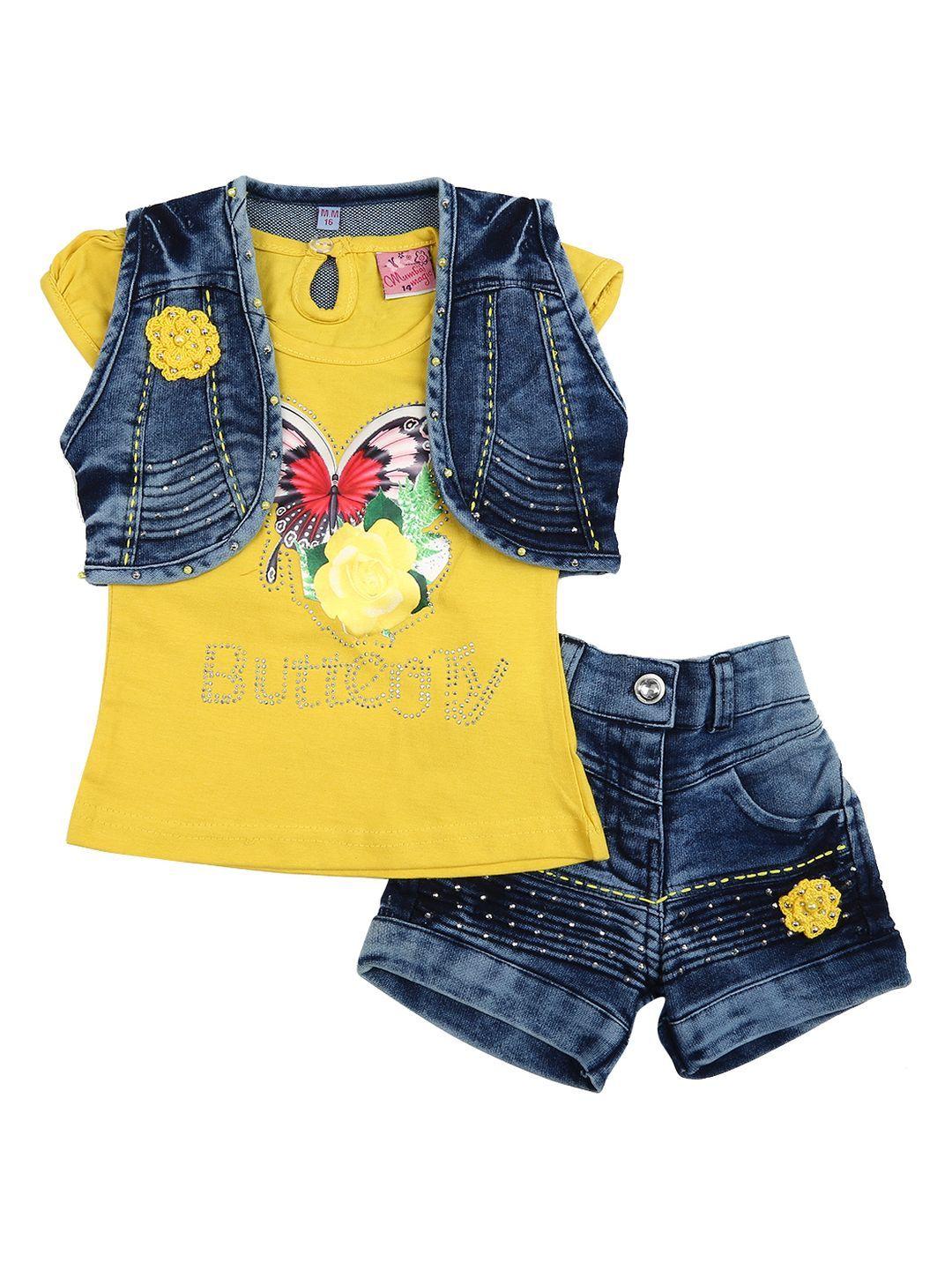 v-mart-unisex-kids-yellow-&-navy-blue-printed-t-shirt-with-shorts