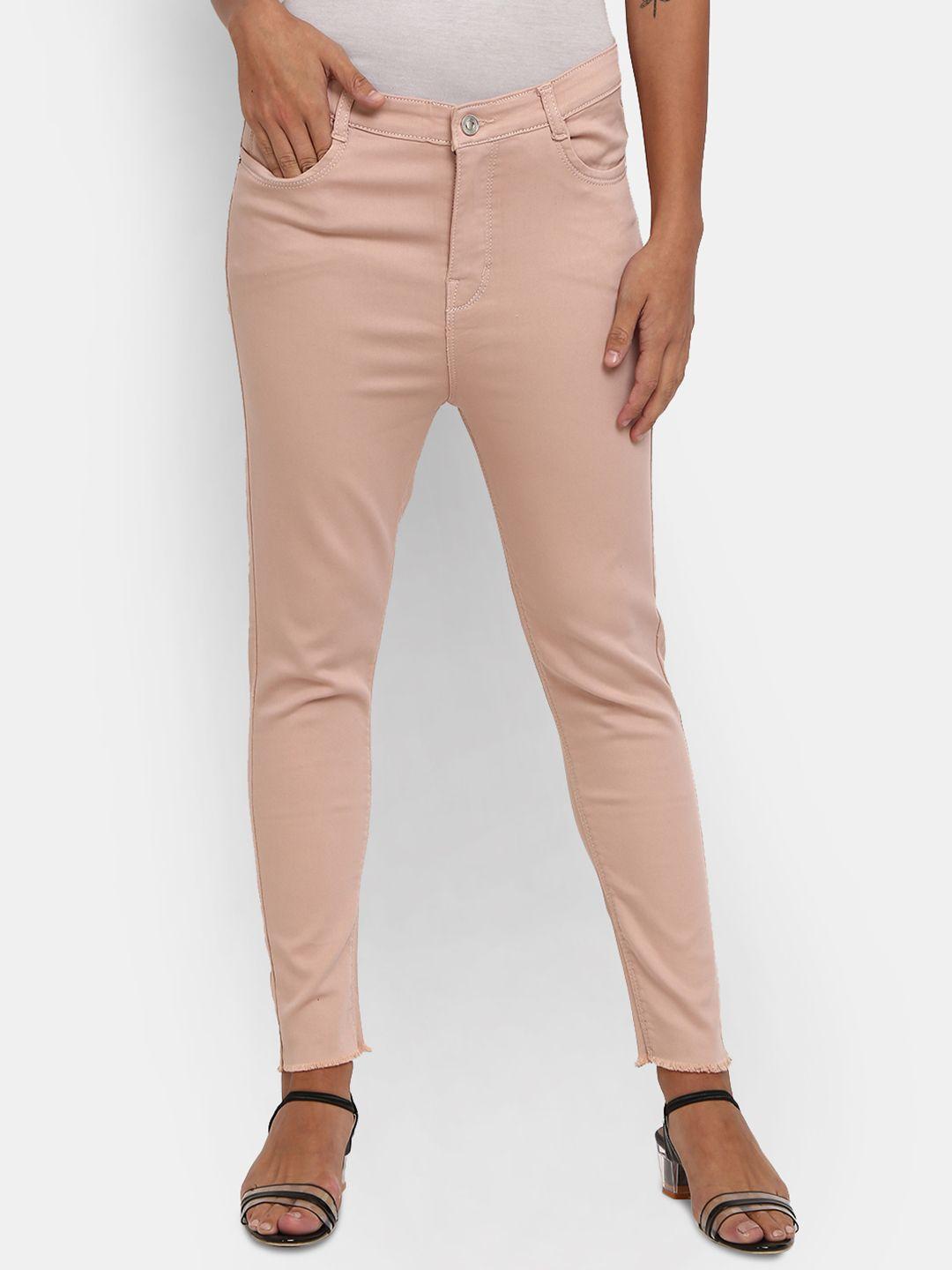 v-mart women beige raw edge coloured cotton jeans