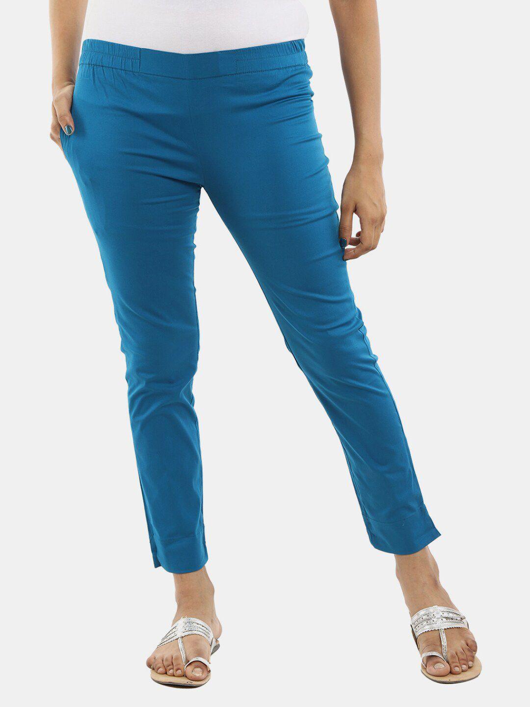 v-mart women blue solid cotton trousers
