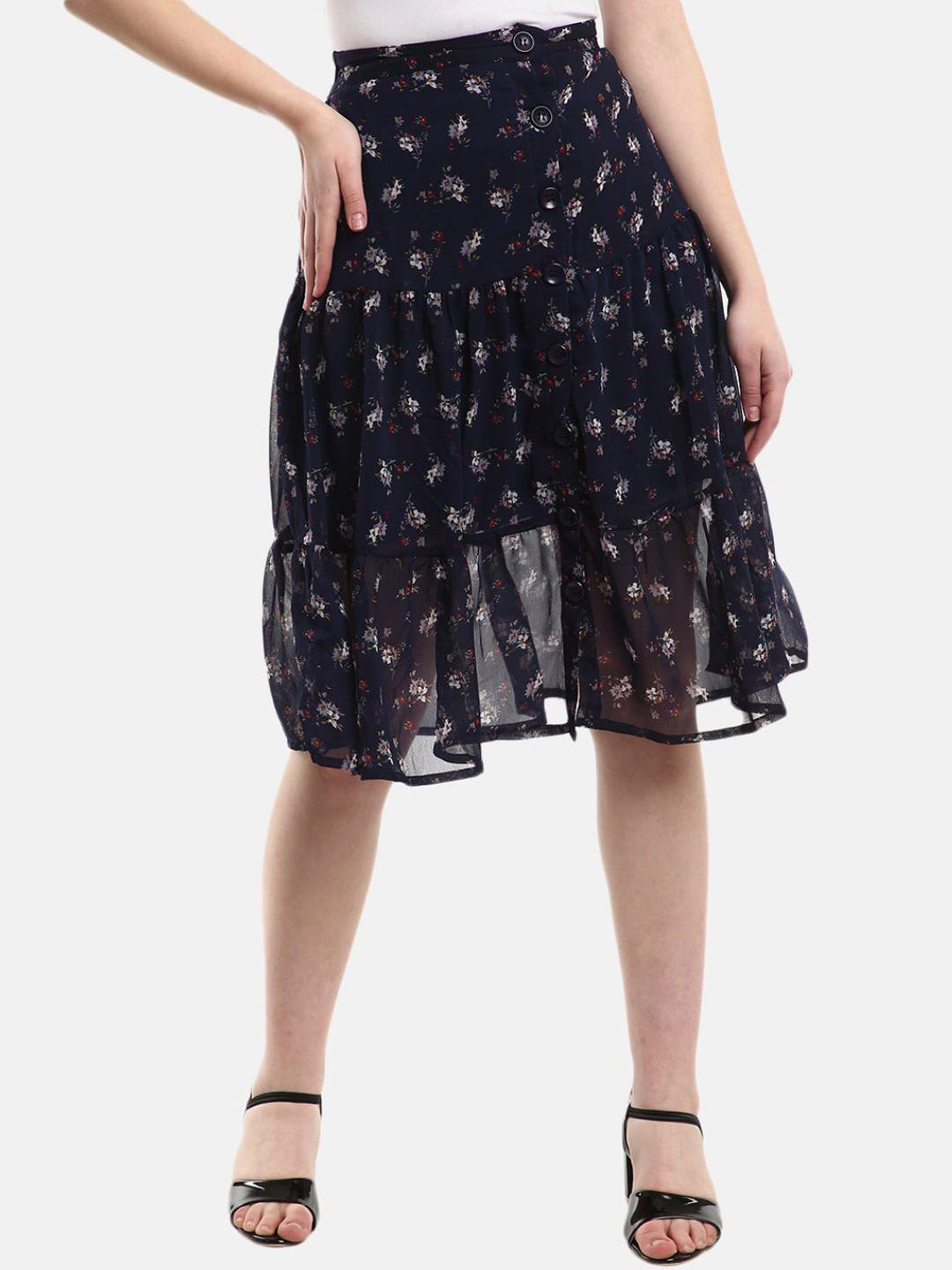 v-mart women navy blue printed georgette skirt