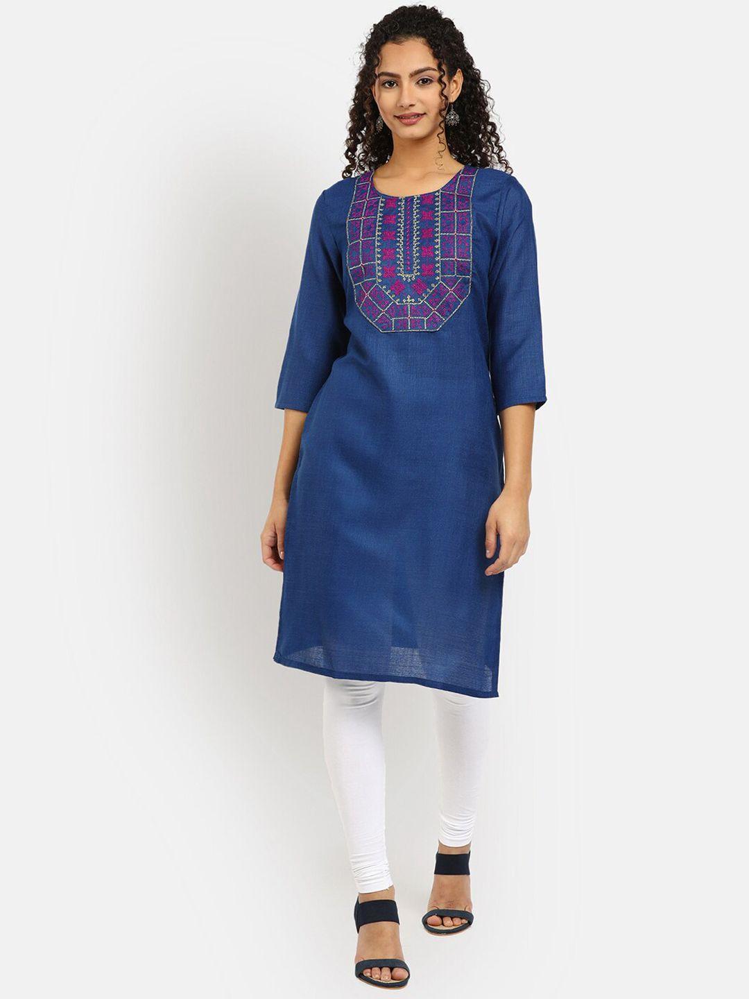 v-mart women navy blue yoke design thread work pure cotton thread work kurti