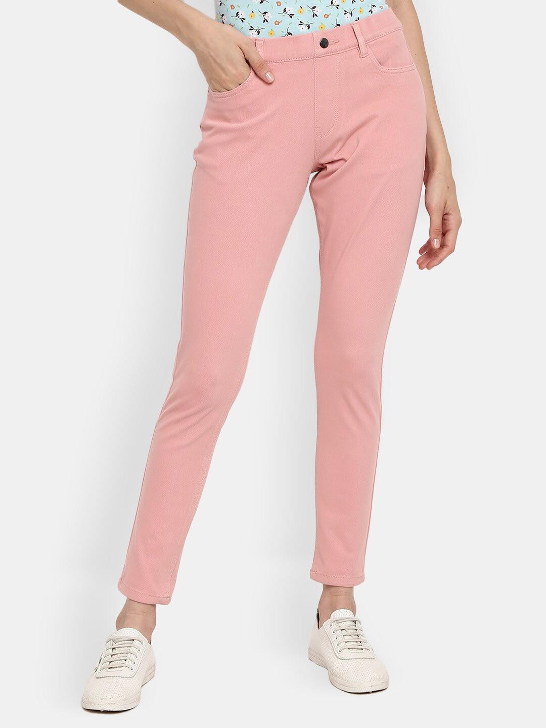 v-mart women peach-colored solid cotton jeggings