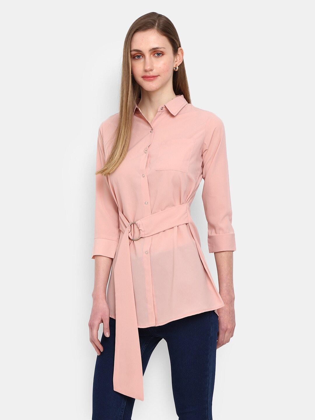 v-mart women peach-coloured polyester spread collar casual shirt
