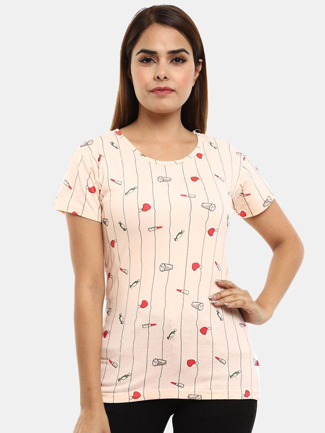 v-mart women peach-coloured printed t-shirt