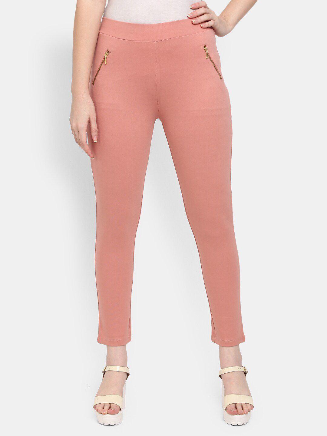 v-mart women peach-coloured solid cropped jeggings