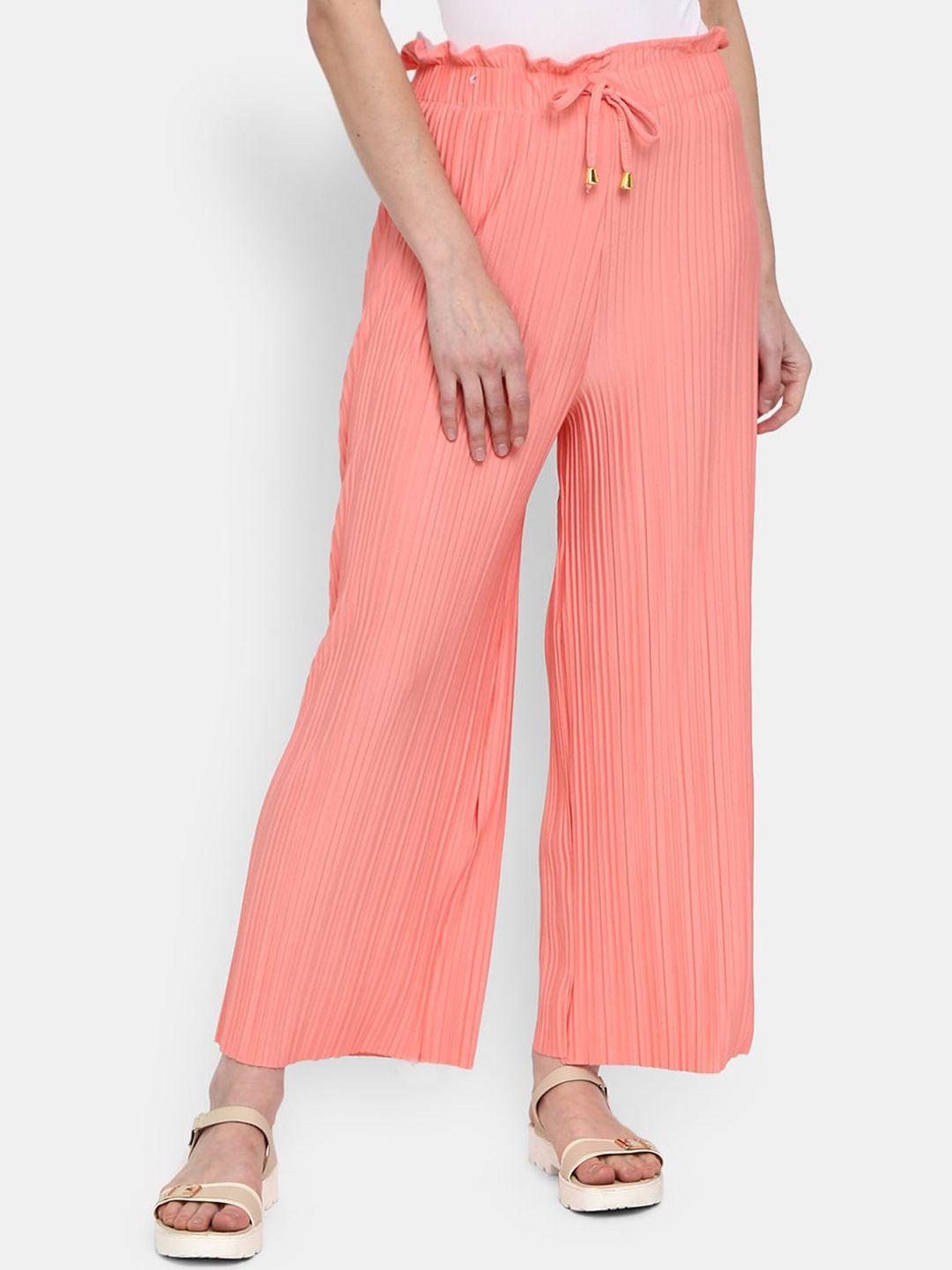 v-mart women peach-coloured striped classic trousers