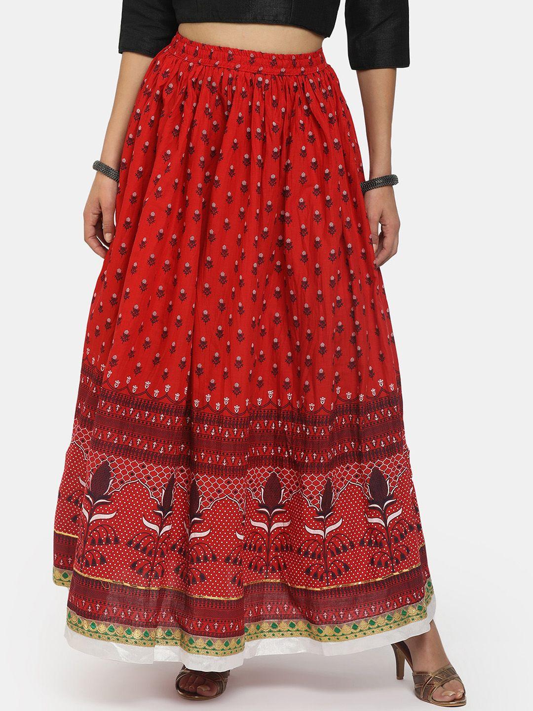 v-mart women red & black printed cotton flared skirts