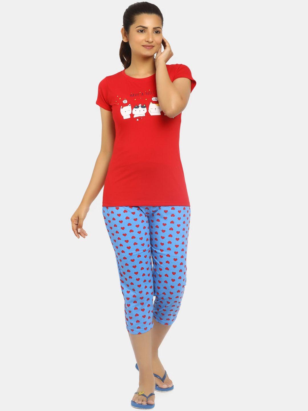 v-mart-women-red-&-blue-printed-night-suit