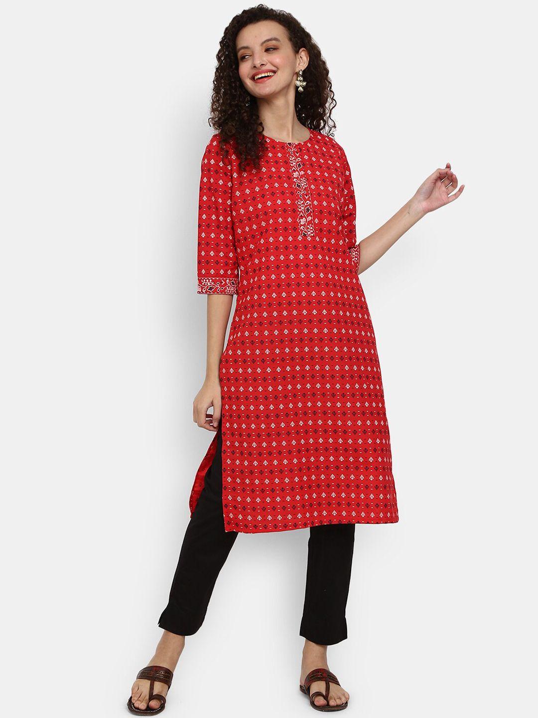 v-mart women red ethnic motifs printed round neck kurta