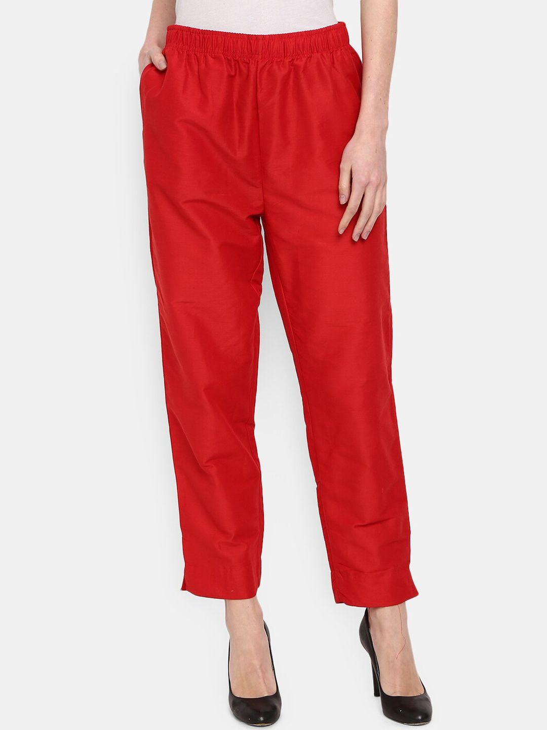 v-mart women red solid classic trousers