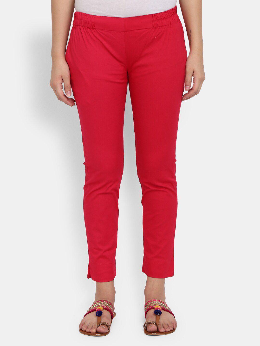 v-mart women red solid slim fit trousers