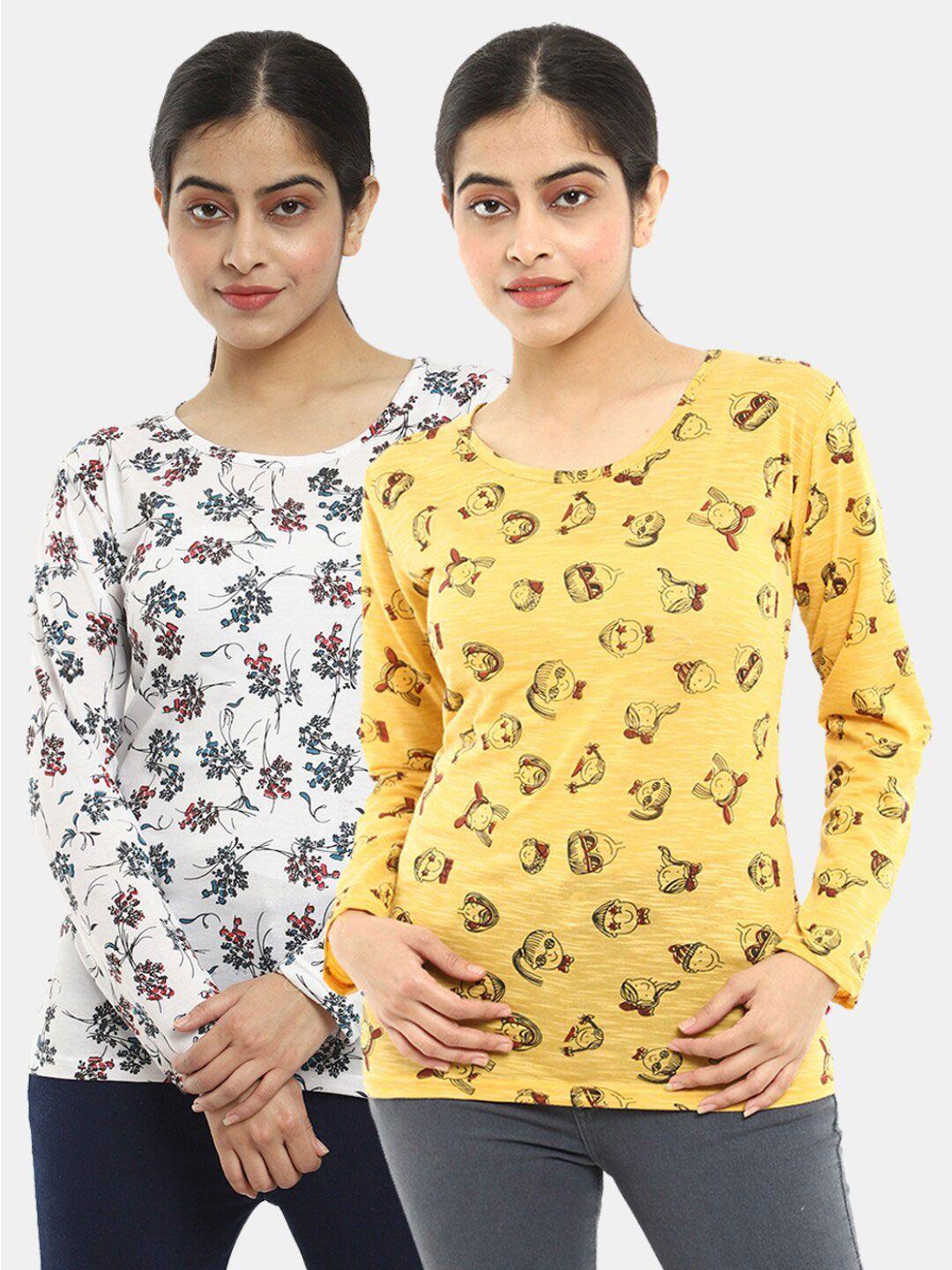 v-mart women western pack of 2 mustard, white printed  jersey round neck top