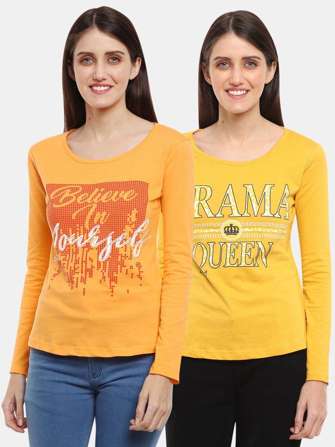 v-mart women western pack of 2 orange, yellow printed single jersey round neck top