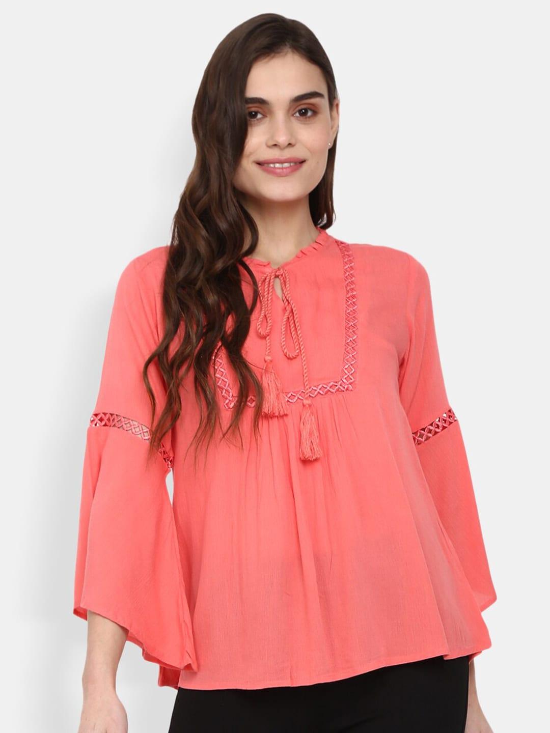 v-mart women western solid peach-coloured tie-up neck a-line top