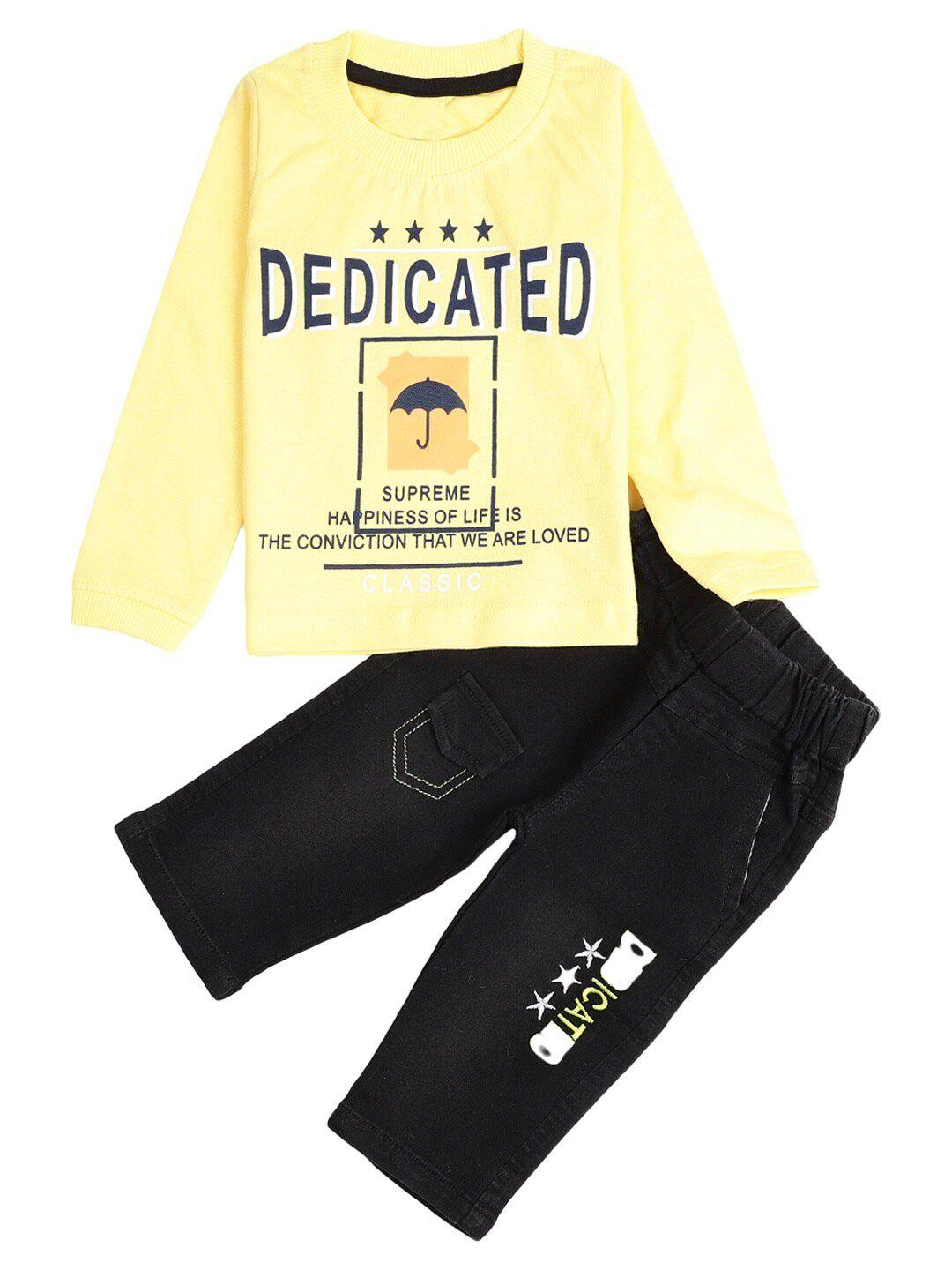 v-mart  kids yellow & black printed pure cotton t-shirt with trousers