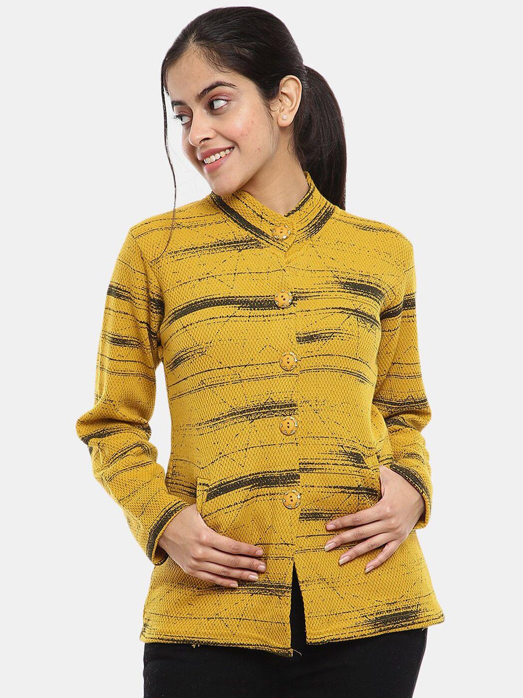 v-mart abstract printed mock collar acrylic cardigan sweater