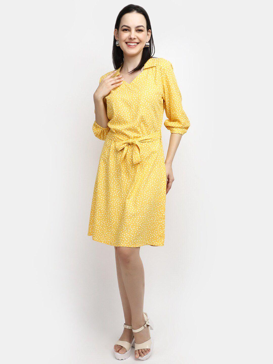 v-mart abstract printed puff sleeves a-line dress with belt