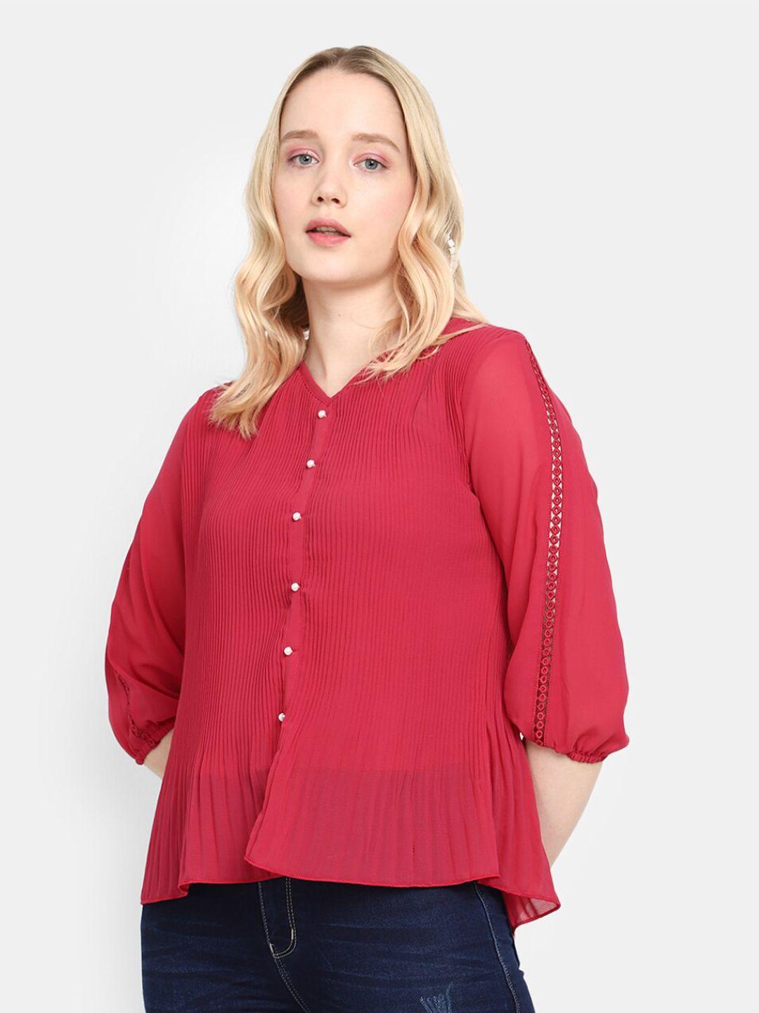 v-mart accordion pleats v neck puff sleeves georgette top