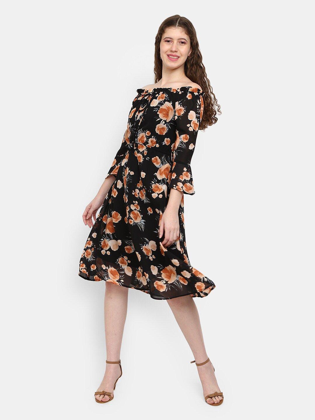 v-mart black floral off-shoulder a-line dress