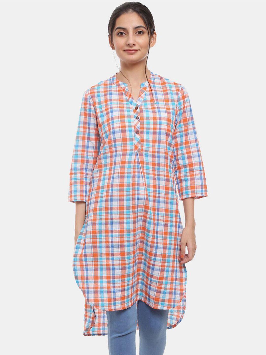 v-mart blue & orange pure cotton checked shirt style longline top