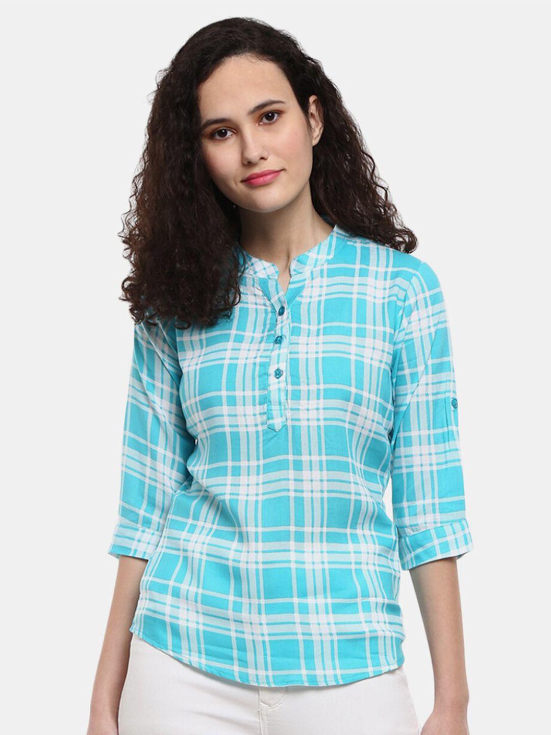 v-mart blue checked mandarin collar roll-up sleeves shirt style top