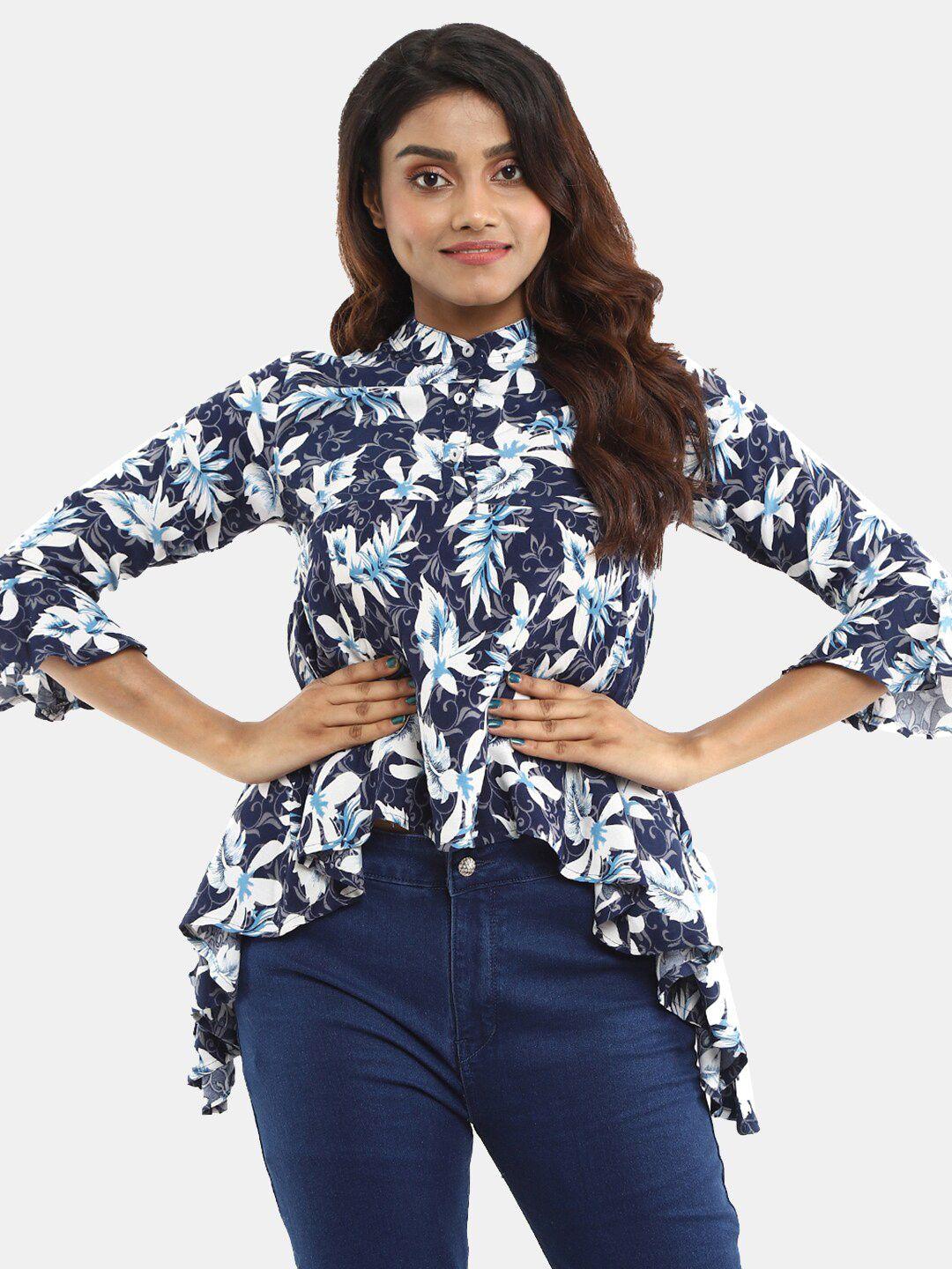 v-mart blue floral print mandarin collar chiffon shirt style top