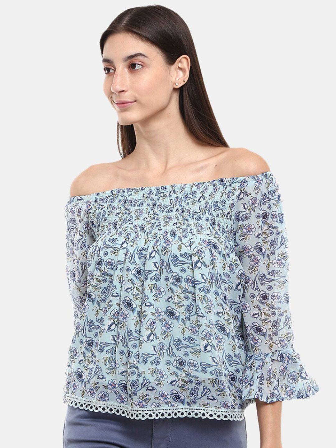 v-mart blue floral print off-shoulder georgette bardot top