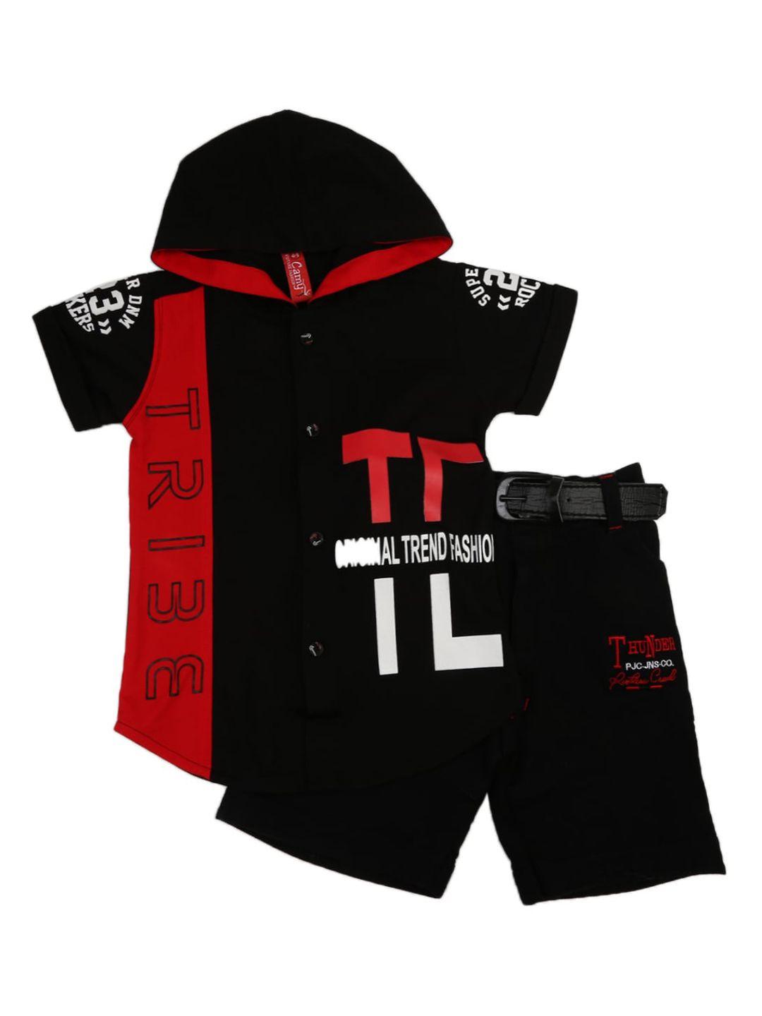 v-mart boys black & red printed pure cotton t-shirt with shorts