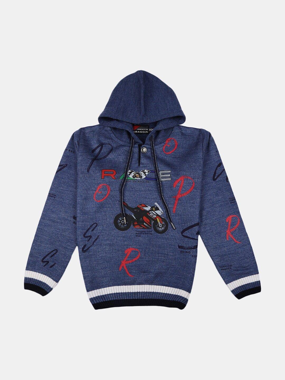 v-mart boys blue & red graphic printed hooded cotton sweater