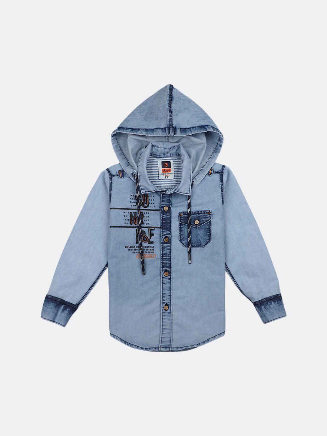 v-mart boys blue printed hooded denim casual shirt