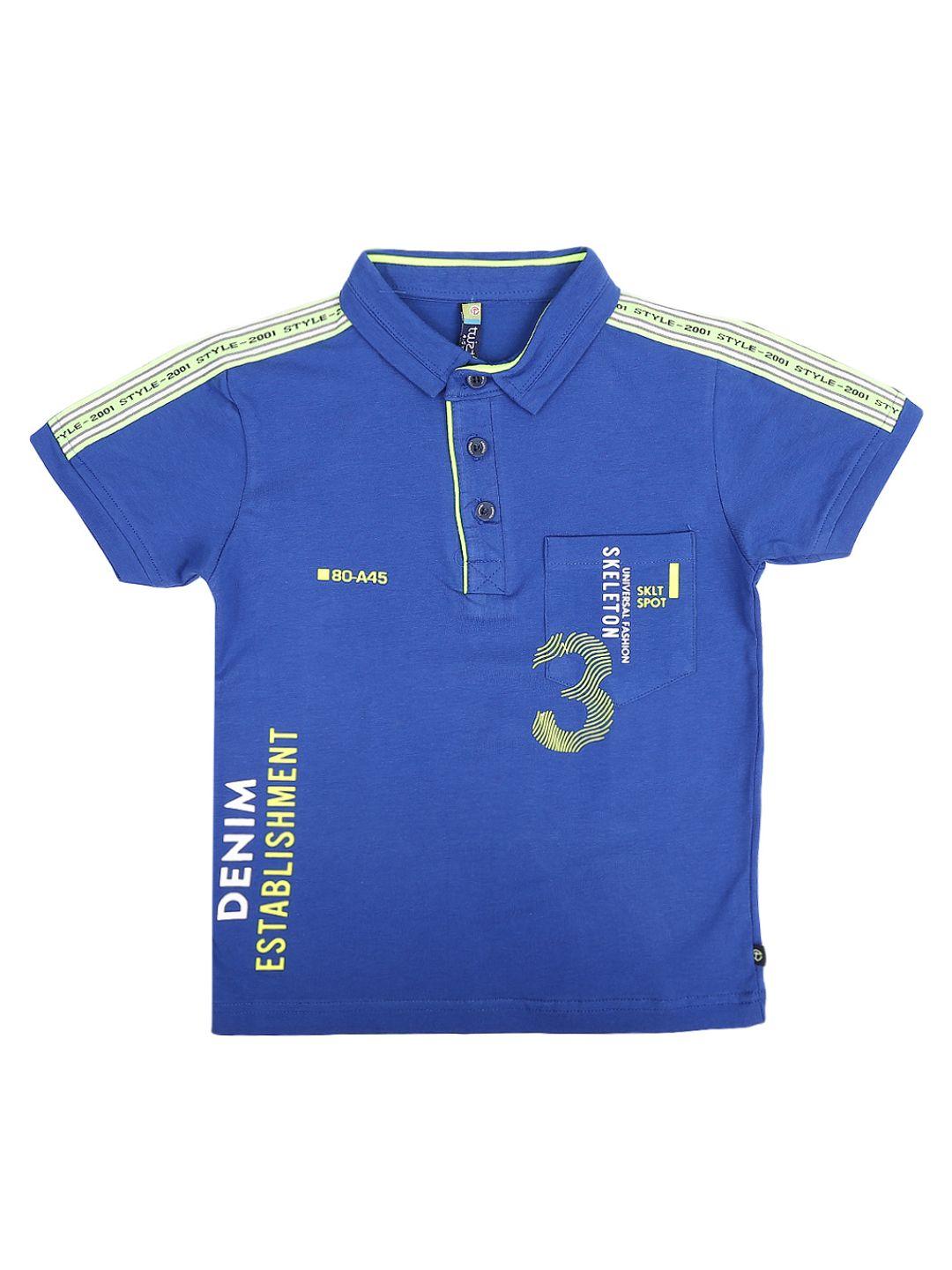v-mart boys blue typography printed polo collar cotton t-shirt