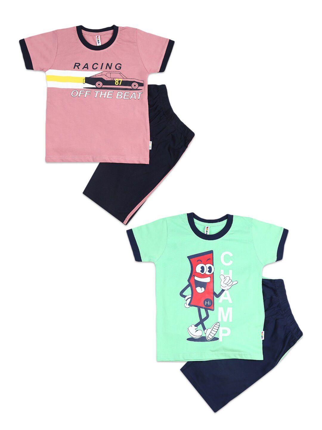 v-mart boys green & pink printed pure cotton t-shirt with shorts