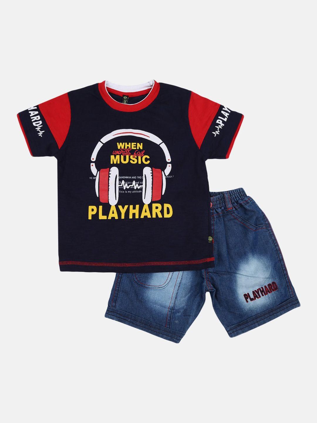 v-mart boys navy blue & red printed cotton t-shirt with shorts