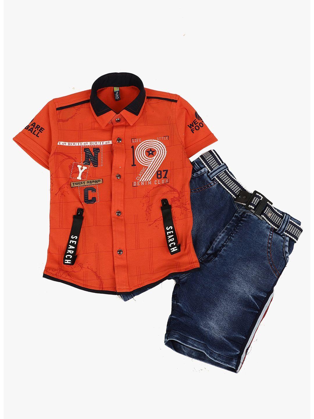 v-mart boys orange & navy blue printed shirt with shorts