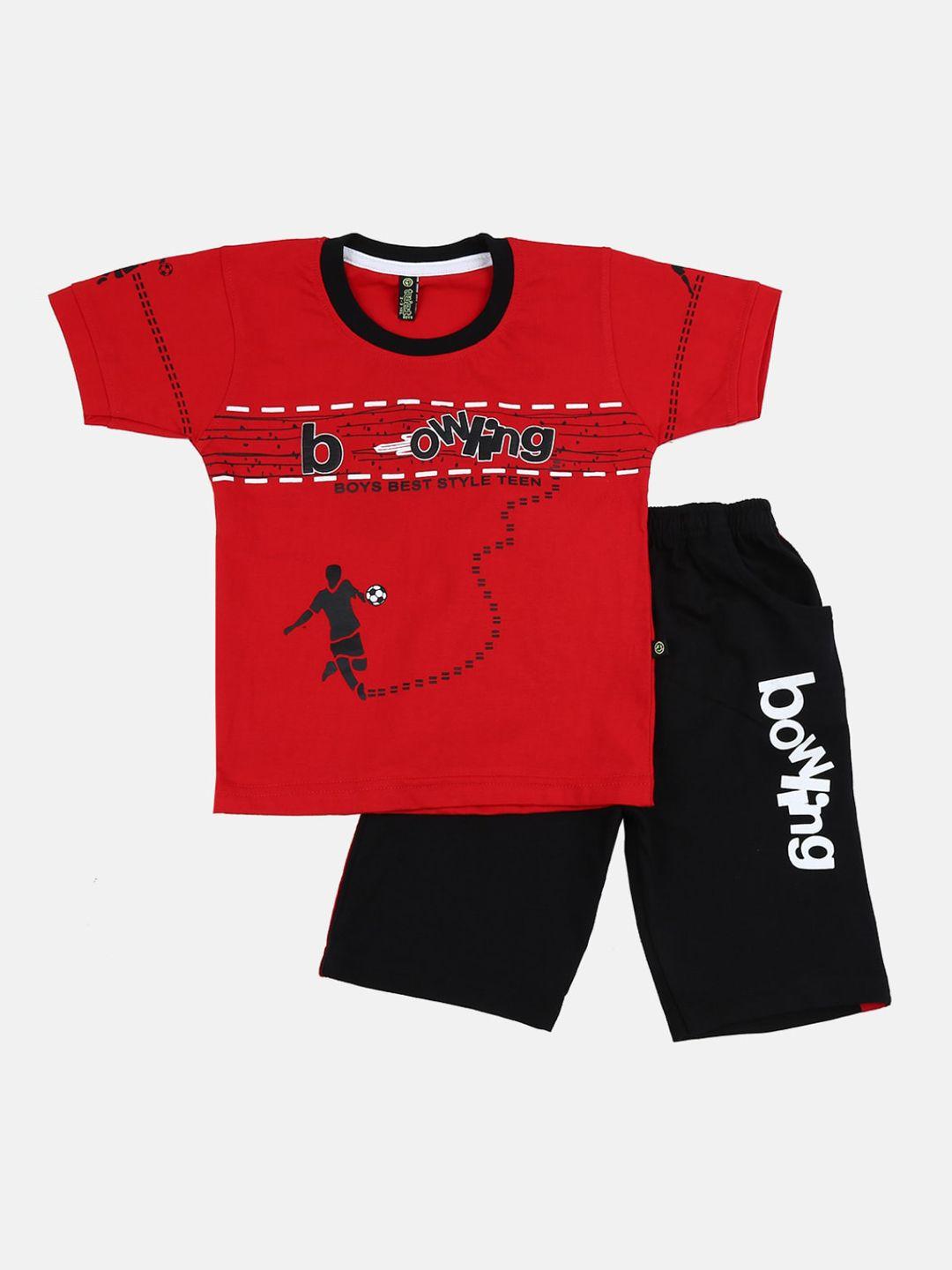 v-mart boys red & black printed pure cotton t-shirt with shorts