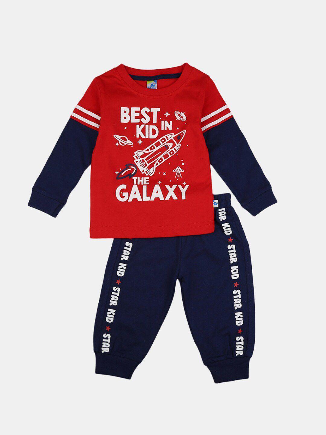 v-mart boys red & navy blue printed pure cotton t-shirt with pyjama