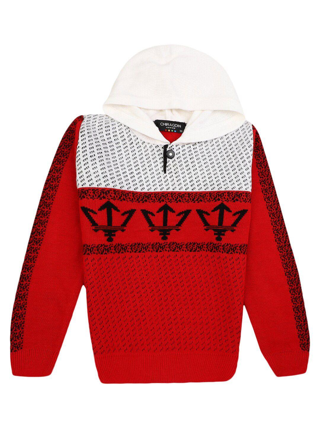 v-mart boys red & white printed cotton hooded sweatshirt