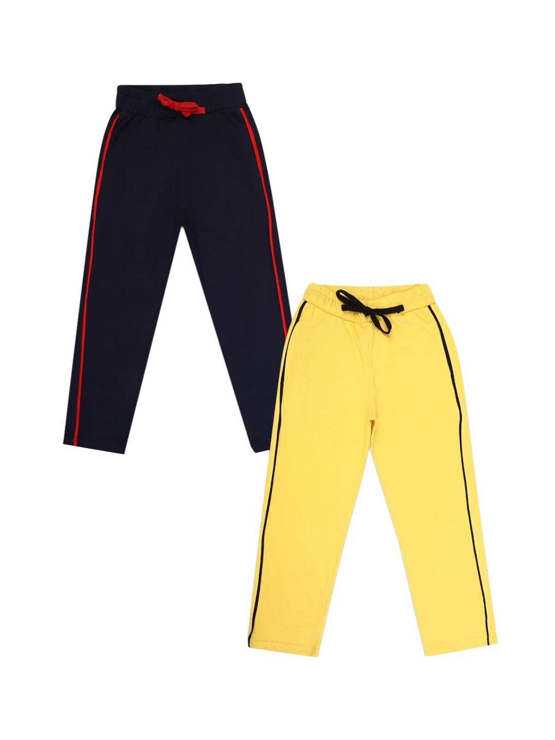 v-mart boys set of 2 yellow & navy blue solid cotton single jersey track pant