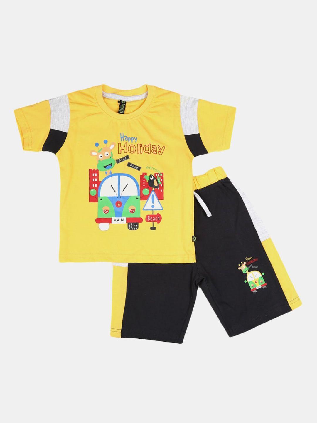 v-mart boys yellow & black printed pure cotton t-shirt with shorts