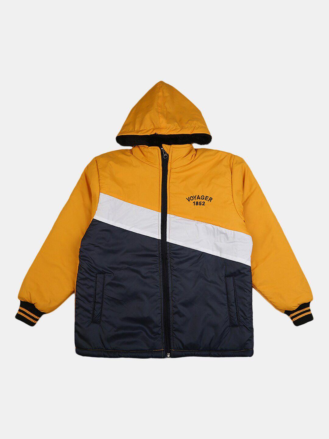 v-mart boys yellow black colourblocked outdoor hooded padded jacket