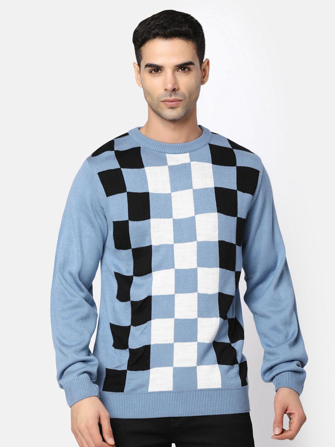 v-mart checked round neck long sleeves cotton pullover sweaters