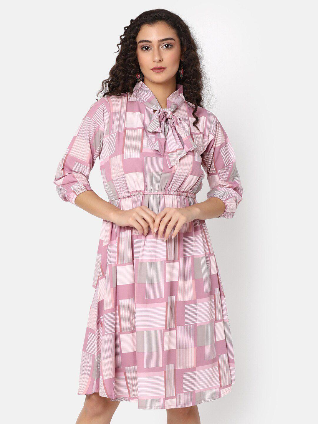 v-mart checked tie-up neck puff sleeves cotton fit & flare dress