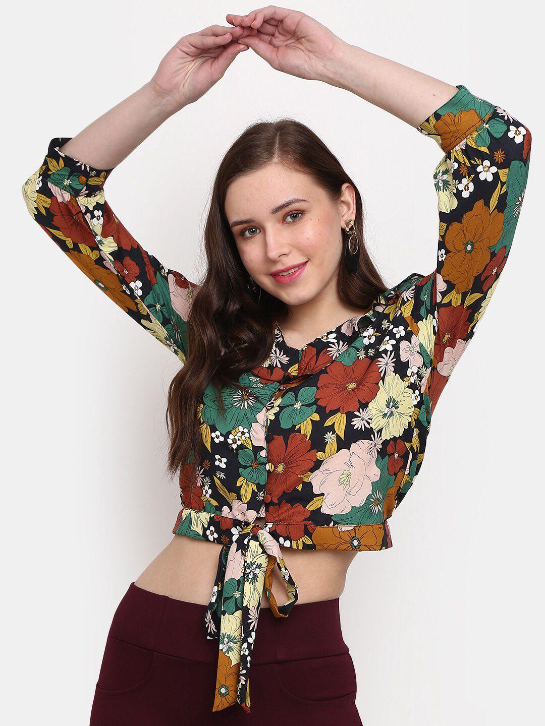 v-mart cuffed sleeves ruffle waist tie-up floral print crop cotton top