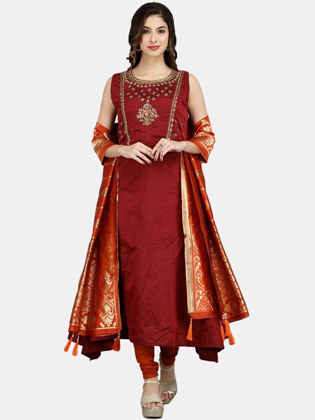 v-mart ethnic motifs embroidered pure cotton kurta with churidar & dupatta