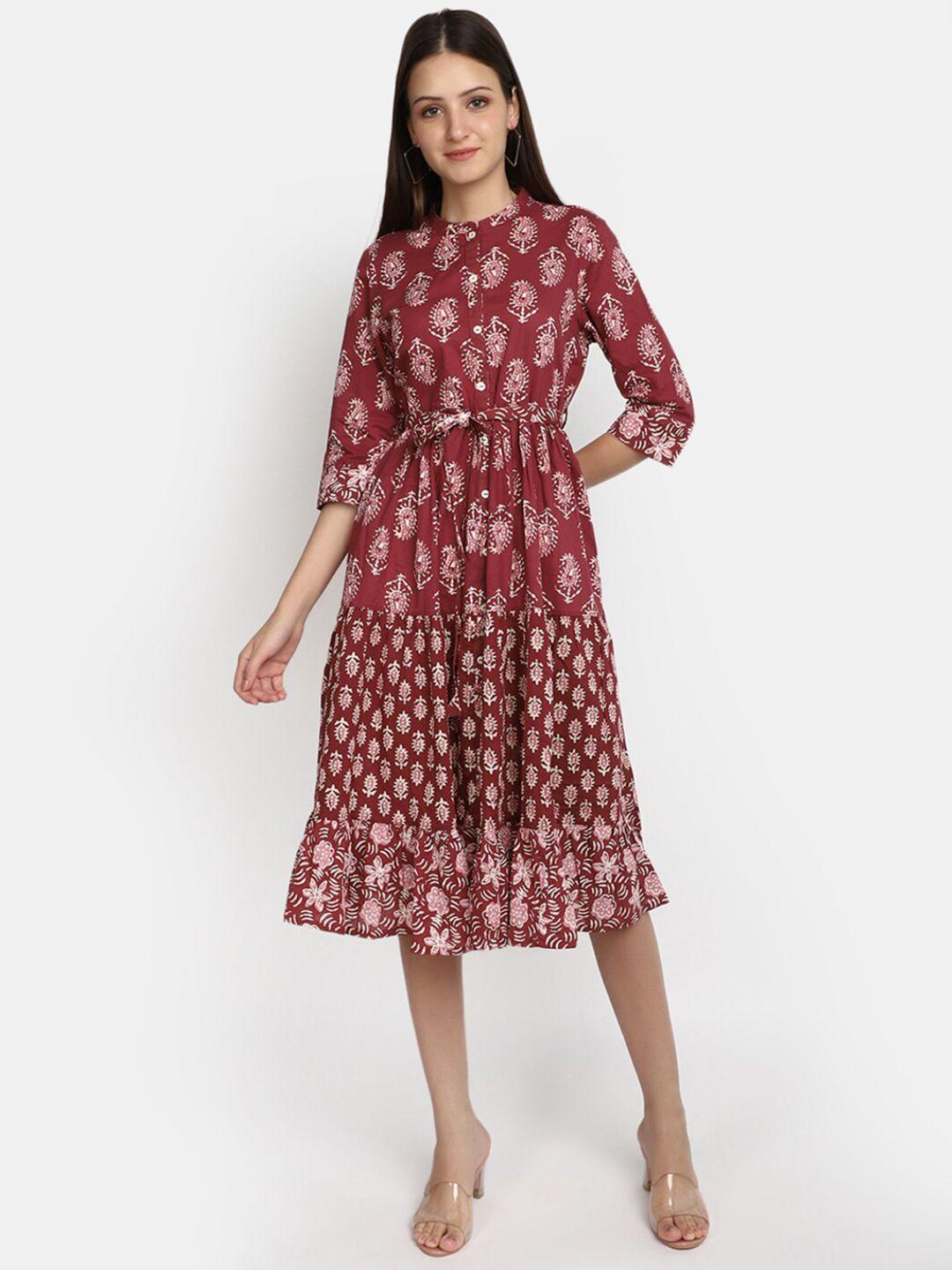 v-mart ethnic motifs printed gathered tiered cotton fit & flare ethnic dress